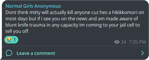 Untitled Message from Normal Girls Anonymous: Don't think Mitty will actually kill anyone cuz hes a hikikkomori on most days but if I see you on the news and am made aware of blunt knife trauma in any capacity I'm coming to your jail cell to tell you off